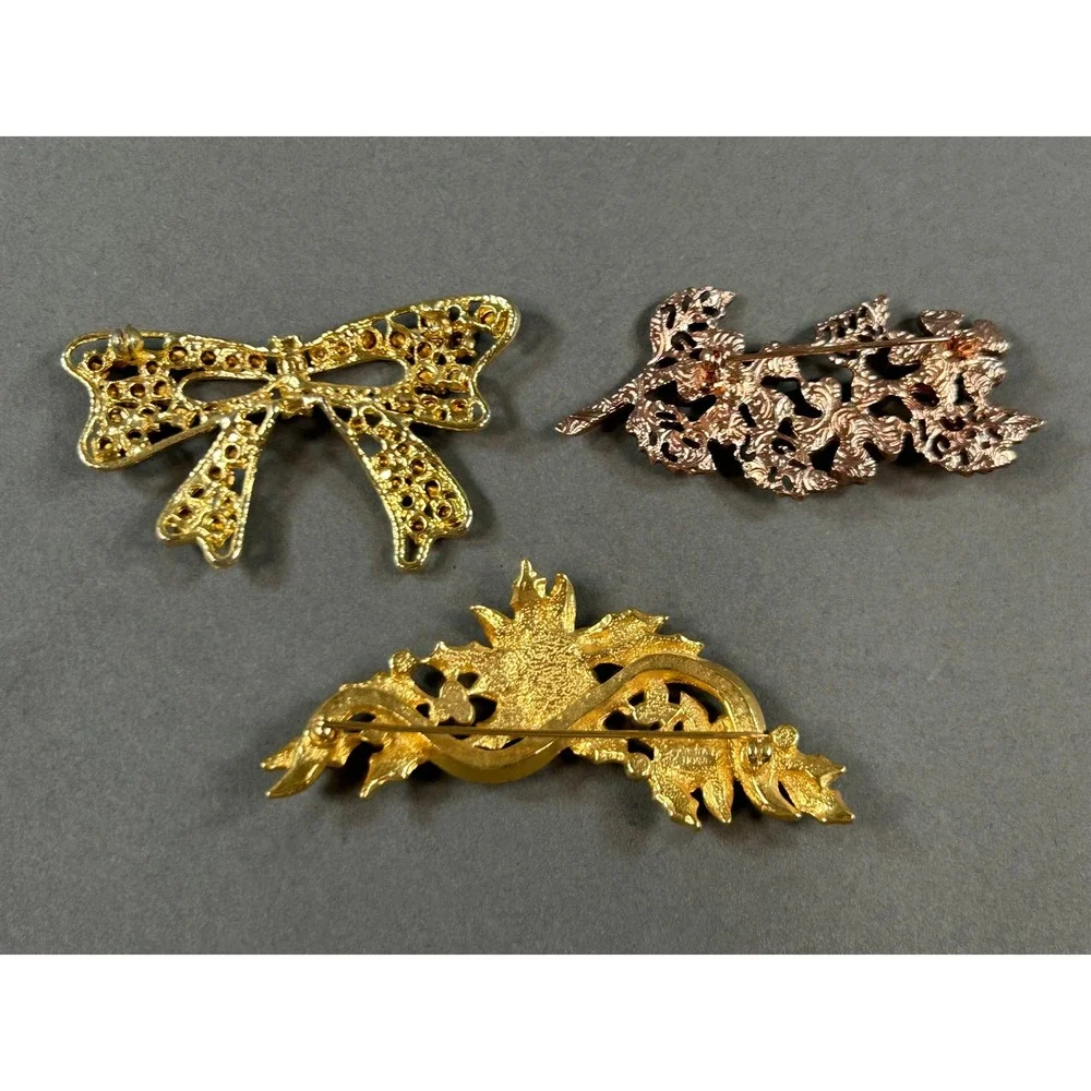 Vintage Brooch Lot 3pc Blue Rhinestone Bow Red Floral Faux Pearl Gold Tone Pins